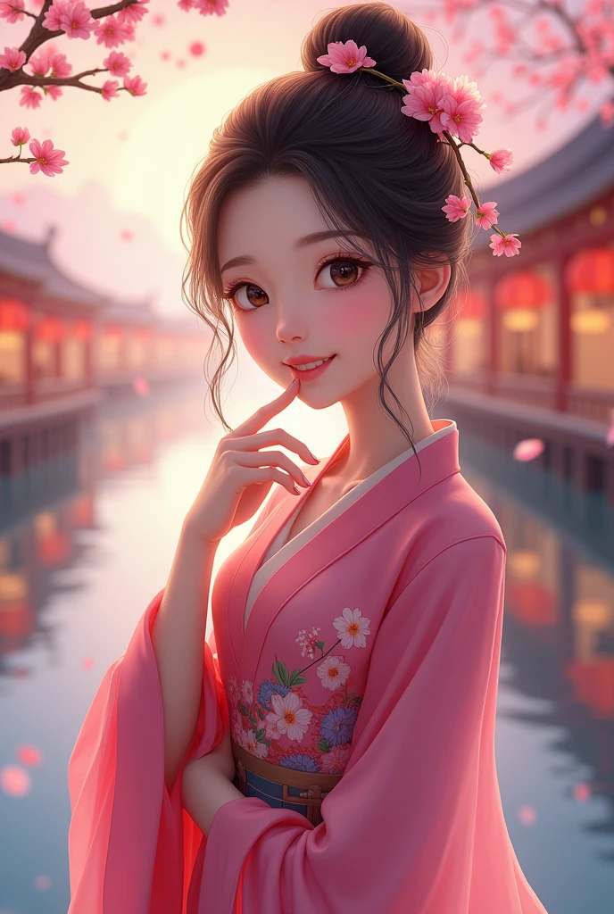 ( High resolution、 masterpiece、Highest quality、8k)、Tang Dynasty Buildings、Tang Dynasty China、Tang Dynasty China、(A young and extremely beautiful woman)、Chinese traditional clothing with a bright pink color and floral pattern、(whole body)、Brown and black round bun hairstyle、Smiling Eyes、Holding、Cute gesture、Fingers on the chin、background、Tang Dynasty Buildings、Chang'an city in the Tang Dynasty、Plum blossom、river view、Riverside city lights、Lantern Light、A complete portrayal、Detailed anime art、Detailed CG、