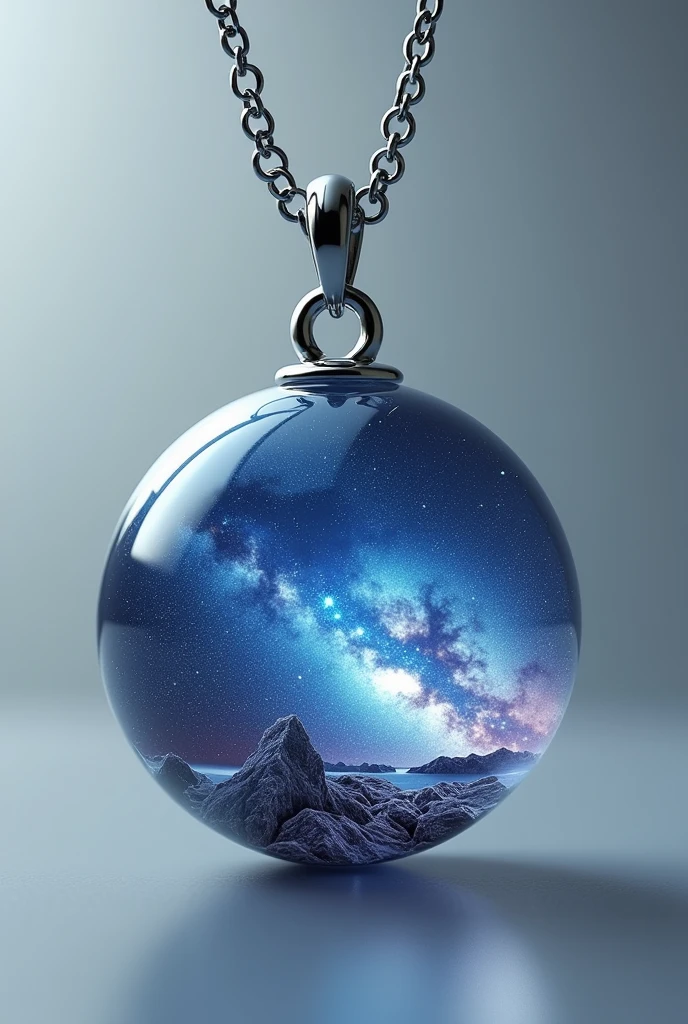 draw a necklace alone, Shape of the sphere, silver metal chain, crystalline, with a space landscape inside