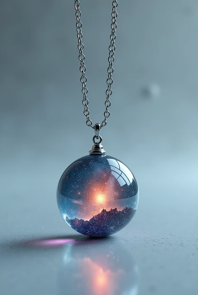 draw a necklace alone, Shape of the sphere, silver metal chain, crystalline, with a space landscape inside