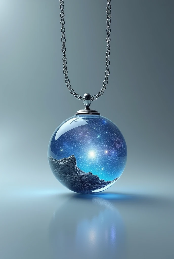 draw a necklace alone, Shape of the sphere, silver metal chain, crystalline, with a space landscape inside