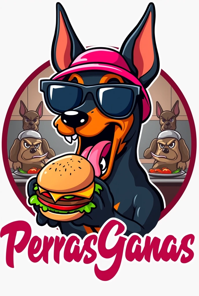 Create logo for restaurant called perras ganas with cartoon drawing of female doberman dog wearing a pink visor and sunglasses eating burger with kitchen background with angry dogs cooking