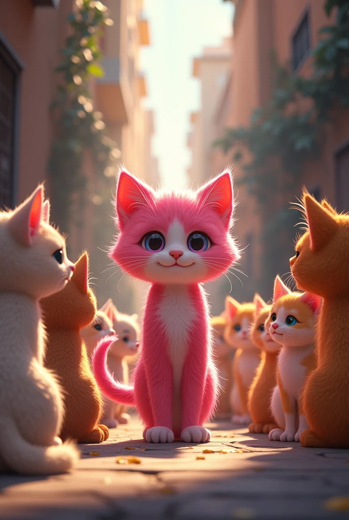 A Hero’s Welcome As the pink kitten returns to the alley where she was born, the other cats and kittens gather around her. The once-small kitten is now a symbol of strength and resilience, her pink fur shining brightly in the sunlight as she is welcomed back as a hero.