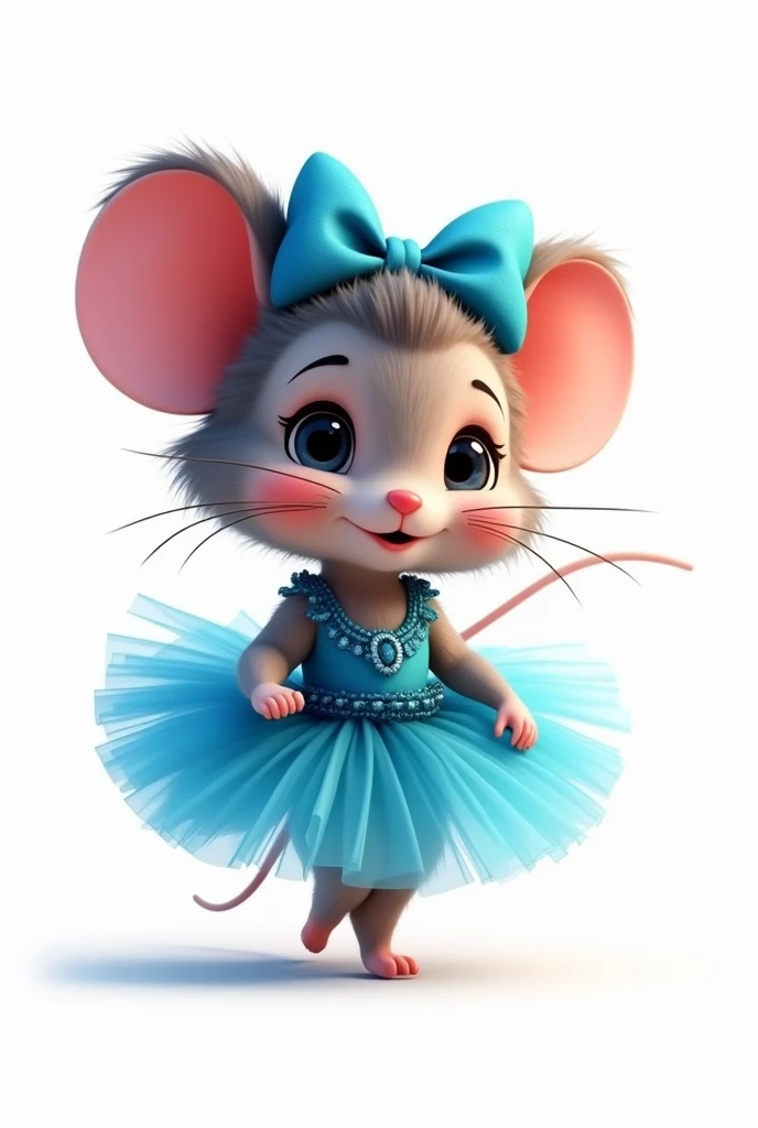 Animated image of a cute little mouse, dressed in a bright blue and black ballerina outfit with a bright blue bow on her head, WITH WHITE BACKGROUND, to print on a shirt