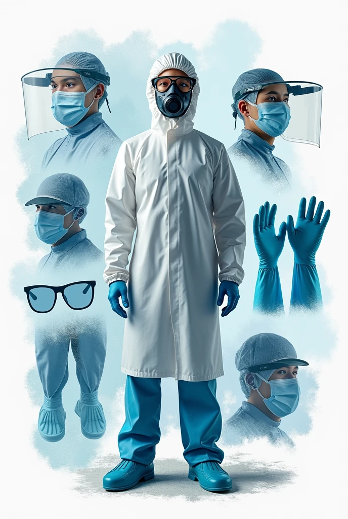 Nitrile gloves, protective glasses, Mask or respirator, lab coat, Foot protection and adequate ventilation create a collage-like image