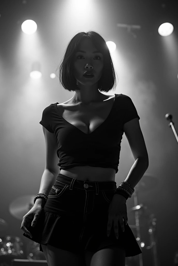 Black and white photography、Live footage、Woman in her 30s。Asian woman with short bob、Straight Hair、band、skirt、Beautiful Face、Punk Rock、Large Breasts、Satomi Ishihara、Black T-shirt、A cleavage so big you could squeeze your penis in it、Stage Lighting、smoke、mist、Alice Hirose、Solo artist、skirtめくり、Leaning forward to look at you、