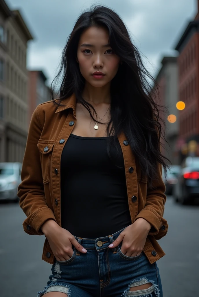 (Close-up of a better masterpiece:1.5) 34 year old curve asian woman with long black hair, wearing a black t-shirt,short  brown suede jacket, torn dark blue denim pants, brown sneakers, walking

urban washington dc background, dark cloudy clouds, romantic atmosphere