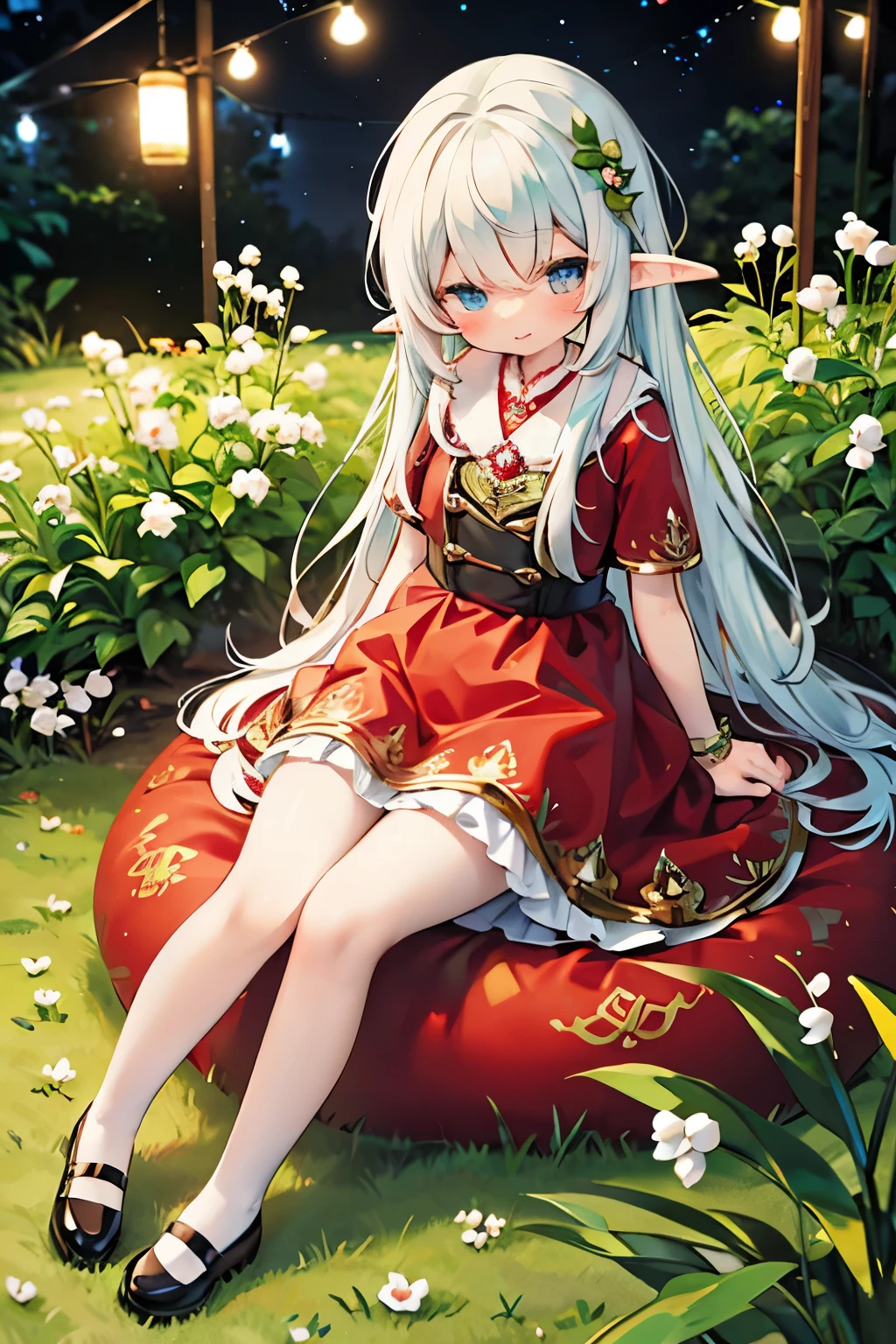 Photorealistic、（Red dress、Elf、sleepy、Mouth slightly open、hair ornaments、Sitting、Cute Shoes）、Lily of the valley hill、night