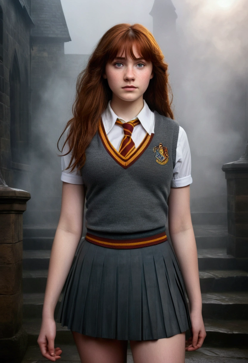 An illustrated movie poster, hand-drawn, full color, a teenage Hogwarts student, 18-years-old, female, wearing a charcoal vest and a pleated skirt, athletic hourglass figure, busty chest, full wide hips, massive round butt, long shapely legs, ridiculously thick powerful thighs, vibrant eyes, deep dark auburn hair, thick shaggy bangs, flushed sun-kissed complexion, freckles, standing in a foggy Hogwarts courtyard, surrounded by mist, graphite shading, stencil marks, airbrushed acrylic paint, masterpiece, close-up shot, in the style of the Deathly Hallows