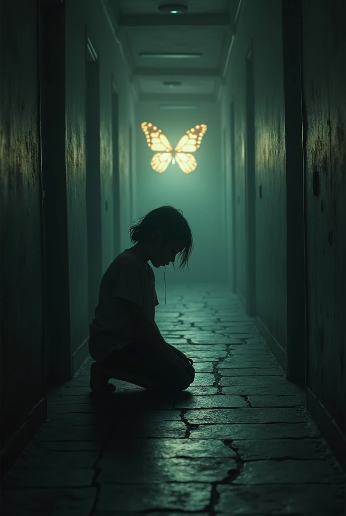 Abused 13 year old orphanage girl kneeling in the dark hall of an orphanage and a glowing fiery butterfly in the distance