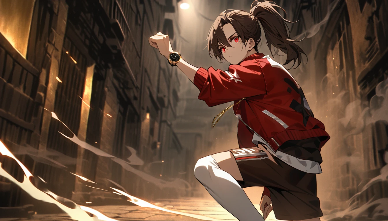 Solitary, Handsome, 1 male, Dark brown long hair ponytail, Side shaved hair,Red Eye, hip hop wear,White top,Red loose baseball jacket, Light brown loose knee shorts,white stockings,white sneakers,Wearing a gold watch on the left hand,Wear a gold necklace, Sharp eyes,Dark Alley Background,smoke surround,