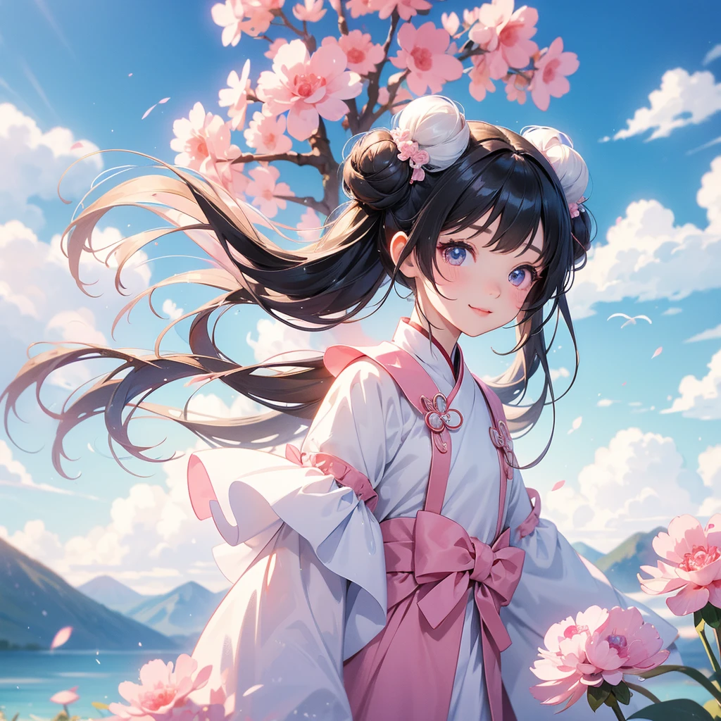 A chibi child girl had a small face and Wearing white little Taoist priest's outfit. A pair of big round eyes shone with curiosity about him. This child was so cute, Standing in the middle of pink carnations. behind which are mountains, there are low clouds floating in the blue sky.
her hair is black with two buns on her hair.small chibi, chibi baby, smiling ,Chibi.