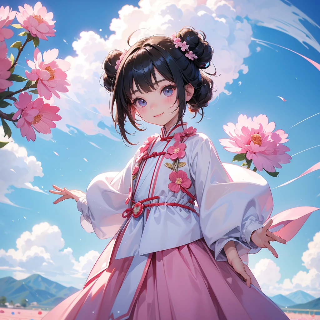 A chibi child girl had a small face and Wearing white little Taoist priest's outfit. A pair of big round eyes shone with curiosity about him. This child was so cute, Standing in the middle of pink carnations. behind which are mountains, there are low clouds floating in the blue sky.

her hair is black with two buns on her hair.small chibi, chibi baby, smiling ,Chibi.
