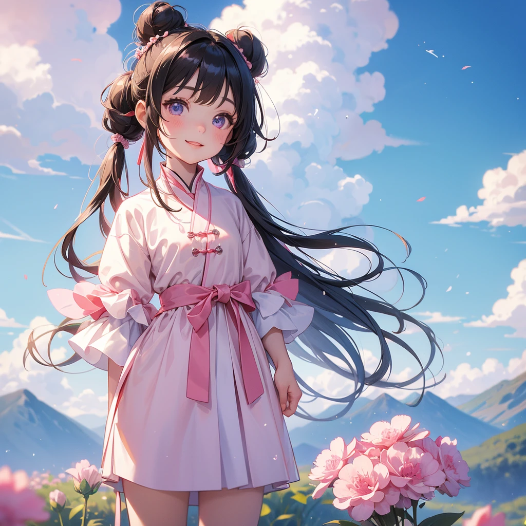A chibi child girl had a small face and Wearing white little Taoist priest's outfit. A pair of big round eyes shone with curiosity about him. This child was so cute, Standing in the middle of pink carnations. behind which are mountains, there are low clouds floating in the blue sky.

her hair is black with two buns on her hair.small chibi, chibi baby, smiling ,Chibi.
