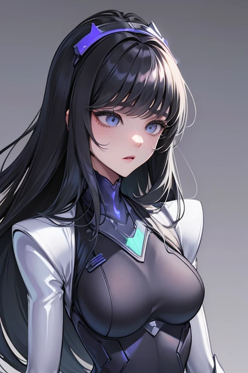 empty eyes,robotization,woman ,big bust,Robot Joint ,Metal skin,Black Suit,long hair,a suit that covers the whole body,tight bodysuit