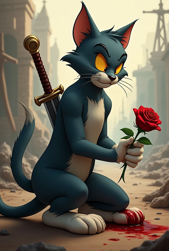 The character in tom and jerry tom on his one knee down position and rose in his bleeding hand wearing cool outfit back ground looks like a battle feild tom should be mature and cute and sword in his other hand hiding behind his back and picture frame size should be 1:1