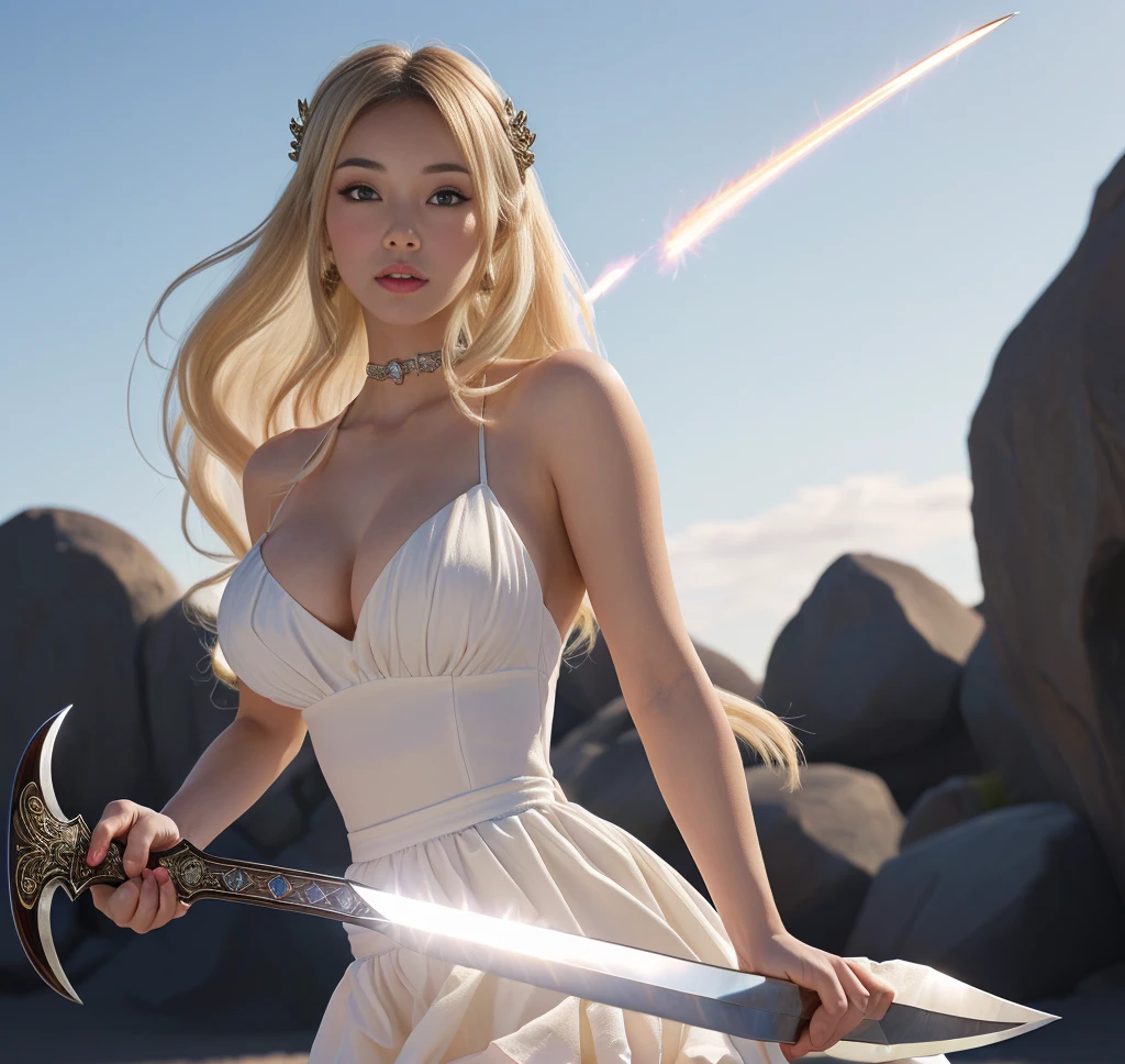 Wearing a white dress,Anime girl holding a sword, Simple Futuristic Queen, Giantess Art, Anime Goddess, pin up. lord of daggers, She is approaching heaven, She holds a sword, Inspired by Hajime Sorayama, Japanese Lightning Goddess, She holds a samurai sword, Beautiful fantasy queen, Milky Way Goddess