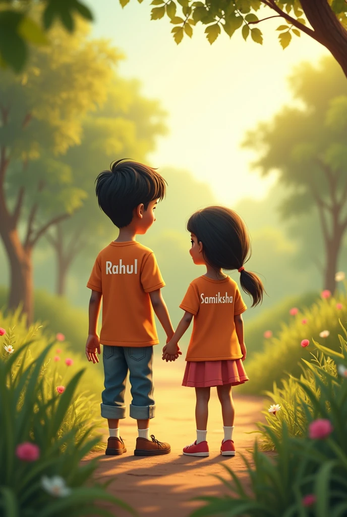 A 16 years little dark skin color boy wearing a t-shirt in which printed letter is "Rahul "
And boy is marriage with 16 years cute girl whose t-shirt is print with letter "Samiksha"at a centre of nature