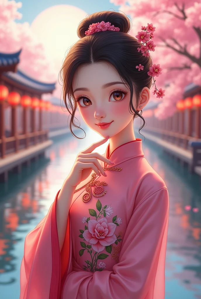 ( High resolution、 masterpiece、Highest quality、8k)、Tang Dynasty Buildings、Tang Dynasty China、Tang Dynasty China、(A young and extremely beautiful woman)、Chinese traditional clothing with a bright pink color and floral pattern、(whole body)、Brown and black round bun hairstyle、Smiling Eyes、Holding、Cute gesture、Fingers on the chin、background、Tang Dynasty Buildings、Chang'an city in the Tang Dynasty、Plum blossom、river view、Riverside city lights、Lantern Light、A complete portrayal、Detailed anime art、Detailed CG、