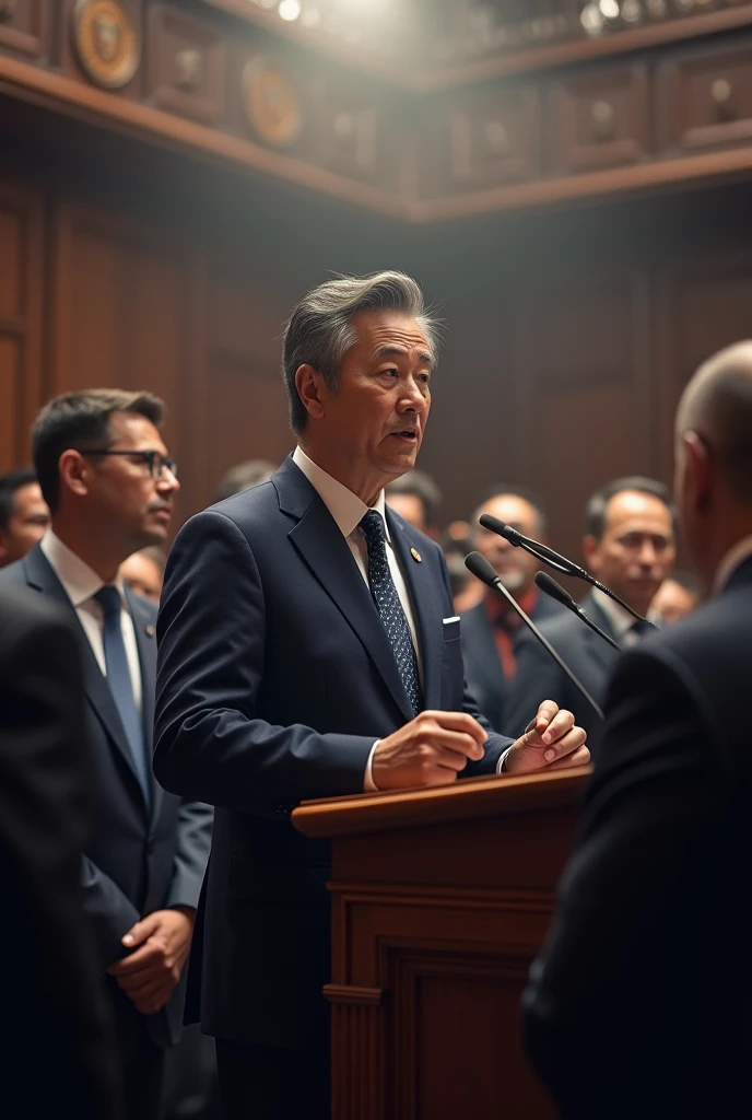 The Prime Minister gave a speech in front of reporters.