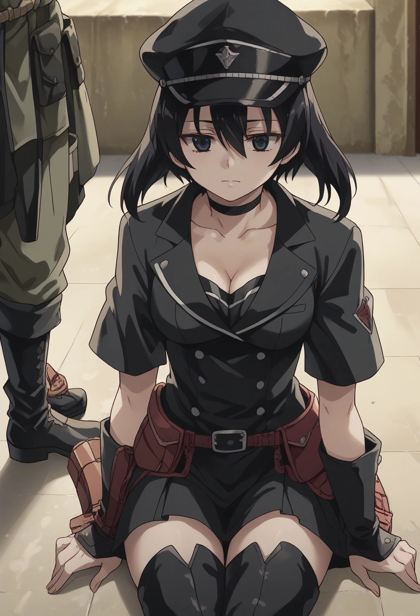 kurome, short hair, black hair, black eyes, hair between eyes,boots, choker, cleavage, collarbone, hat, military, military uniform, peaked cap, thigh boots, thighhighs, uniform,