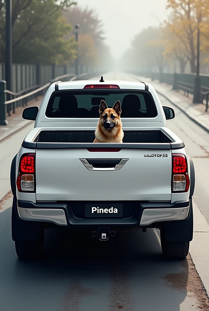 Create a white Toyota Hilux, that the license plate holder says "PINEDA" and in the back I carried a Belgian shepherd dog with fully tinted windows.