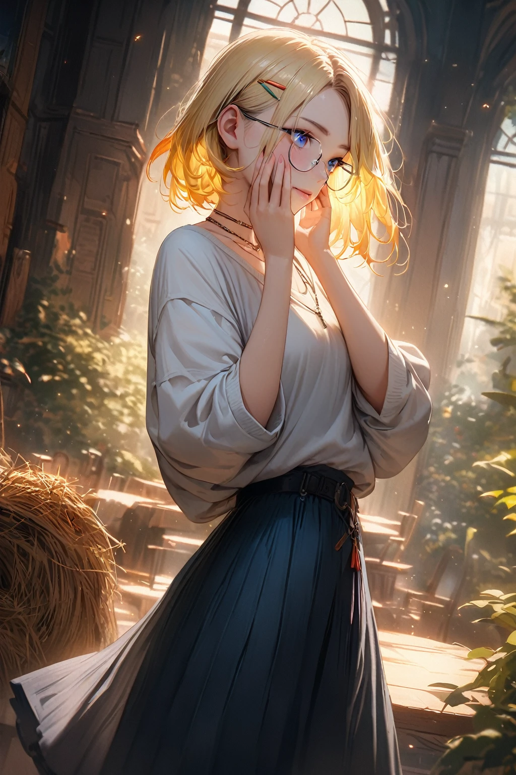 (masterpiece),(top-quality:1.2),1girl in,(masuter piece:1.3),exquisitedetails, Highest quality 8K resolution, Ultra-detailed, Realistic, Vibrant colors, Soft tones, With warm and gentle lighting, silver semi-rimless eyewear:1.3,A woman standing in a room wearing a skirt and sweater, designed for cozy aesthetics, wide skirt, Styling, With short hair, simple style, Beige, 2 0, Dynamic!!, Cute:2, F / 2 0, Roots and hay coat, lookbook, Vivid), 9, jimin, ( Side ) profile (Smooth straight blonde hair:1.2),(Hair parted in the middle:1.3),(Glowing hair),(Dark blue eyes:1.3),(Hands close to the face:1.4),White skin, hair clips,Small necklace,A gentle feeling overflows,The sun's rays illuminate joy and pure love, Warm golden glow,The atmosphere is full of happiness and laughter, As if celebrating love,Ultra-detailed depiction and vivid colors,A style that combines romanticism and realism,depth of love,color palettes,Create an ethereal atmosphere like a dream,Lighting is soft and diffused,masterpiece artwork
