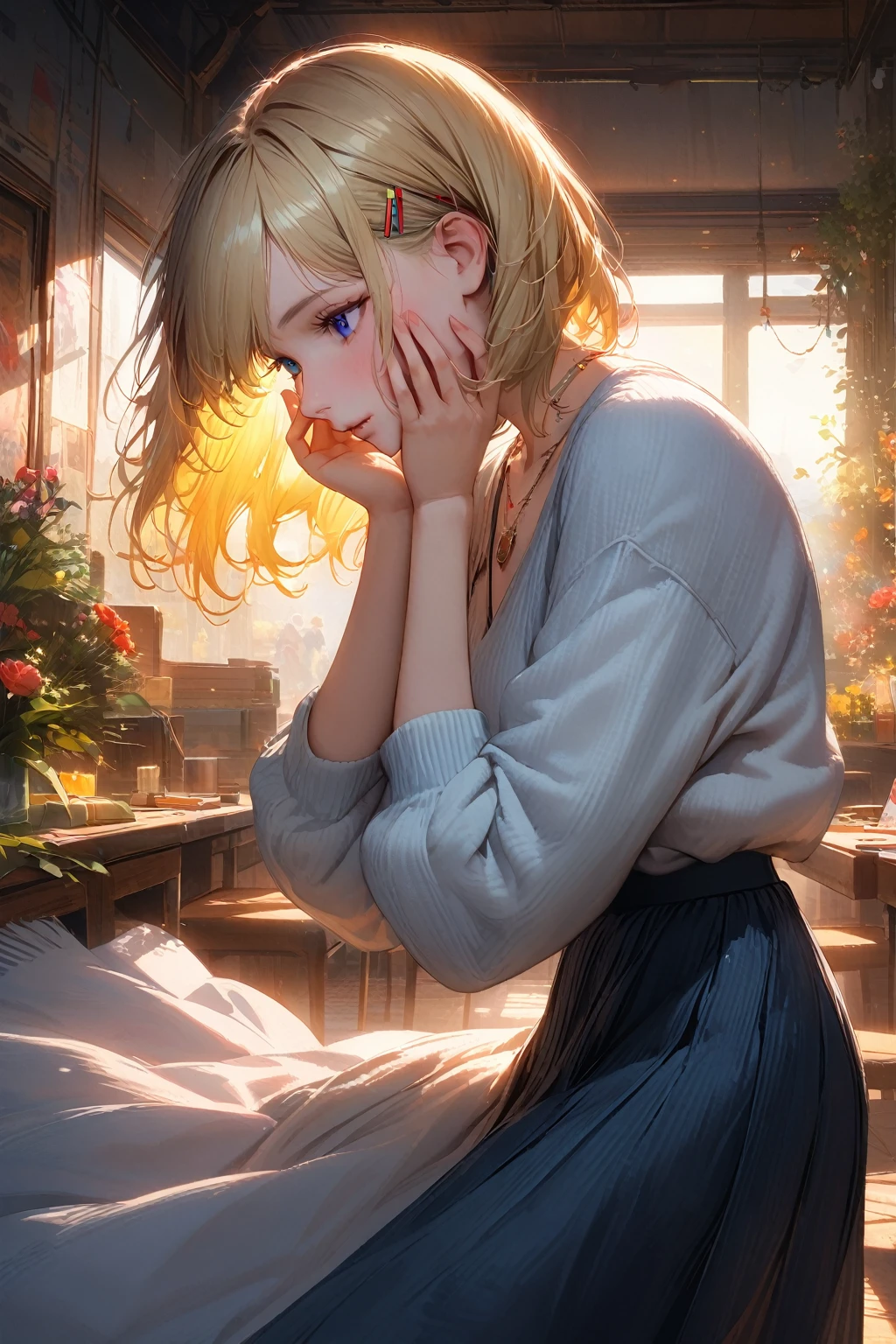 (​masterpiece),(top-quality:1.2),1girl in,(masuter piece:1.3),exquisitedetails, Highest quality 8K resolution, Ultra-detailed, Realistic, Vibrant colors, Soft tones, With warm and gentle lighting, silver semi-rimless eyewear:1.3,A woman standing in a room wearing a skirt and sweater, designed for cozy aesthetics, wide skirt, Styling, With short hair, simple style, Beige, 2 0, Dynamic!!, Cute:2, F / 2 0, Roots and hay coat, lookbook, Vivid), 9, jimin, ( Side ) profile (Smooth straight blonde hair:1.2),(Hair parted in the middle:1.3),(Glowing hair),(Dark blue eyes:1.3),(Hands close to the face:1.4),White skin, hair clips,Small necklace,A gentle feeling overflows,The sun's rays illuminate joy and pure love, Warm golden glow,The atmosphere is full of happiness and laughter, As if celebrating love,Ultra-detailed depiction and vivid colors,A style that combines romanticism and realism,depth of love,color palettes,Create an ethereal atmosphere like a dream,Lighting is soft and diffused,masterpiece artwork