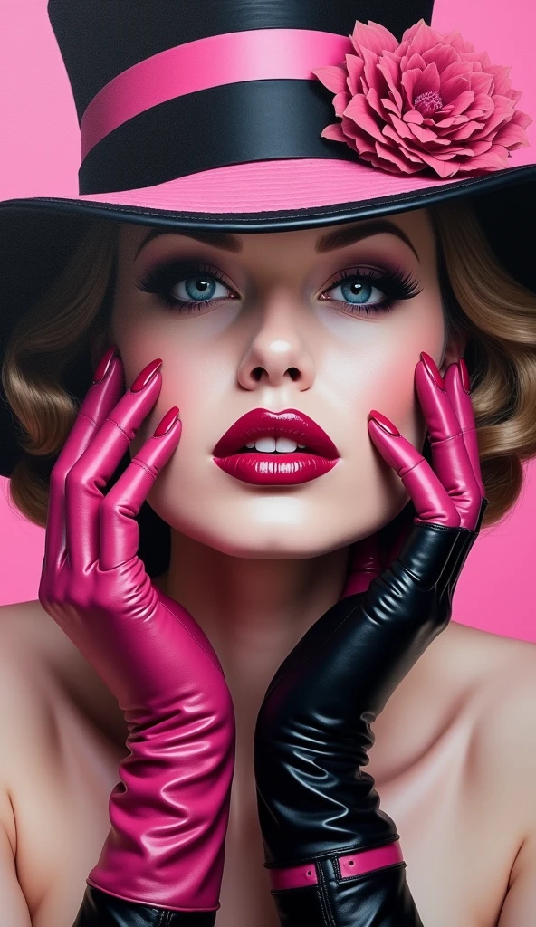 A captivating, vibrant oil painting of a woman's face with a striking emphasis on her bold, deep pink lips and nails. Her eyes are partially hidden by a stylish, pink and black striped hat adorned with a delicate flower. Her eyes peek out from the hat, exuding confidence. Pink and black leather gloves complete her bold ensemble, while her lips are framed with a precise black liner. The vivid color palette of pink, black, and white creates a striking contrast, making this painting a true work of art., painting.