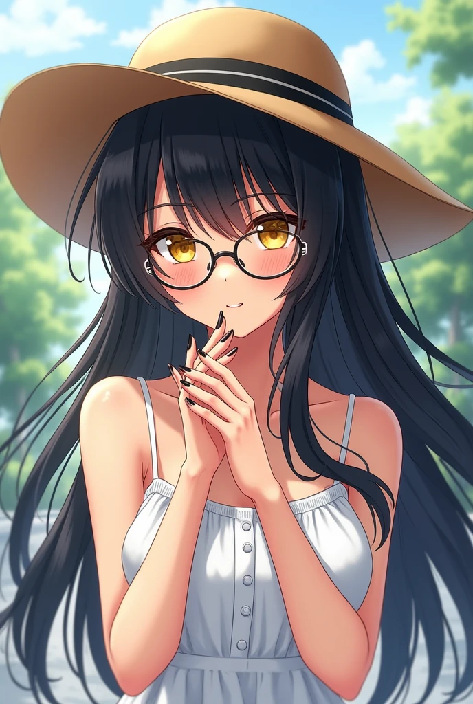 Anime woman, black hair, white highlights, light tan skin, yellow eyes, white sundress, sun hat, glasses, black nail polish, shy