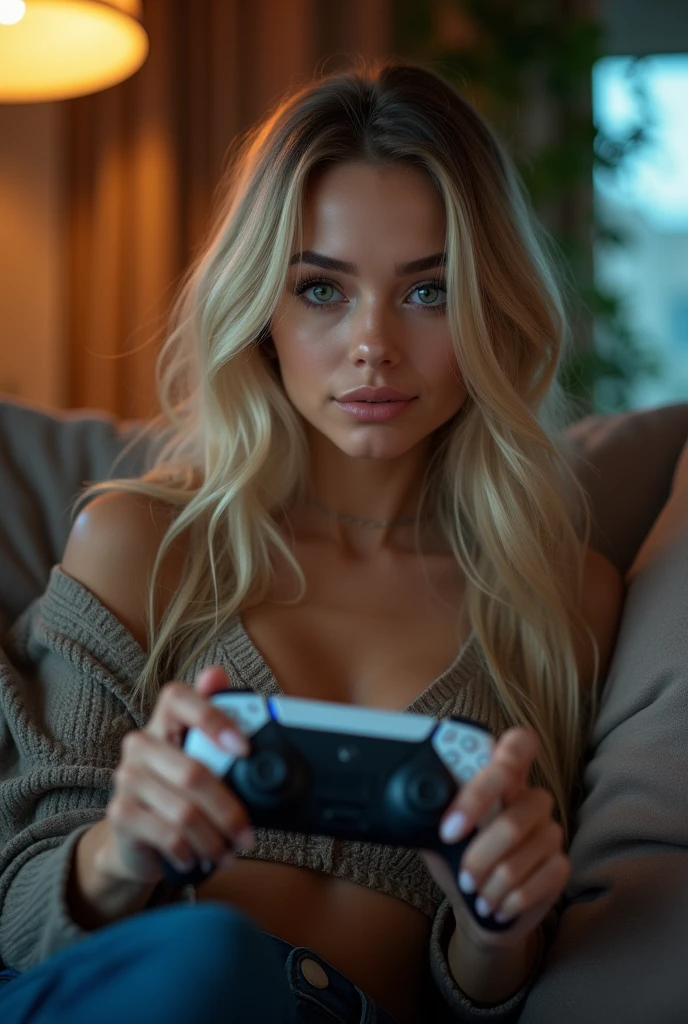 (((best qualityer))), highly detailed, high resolution. 25 year old female, blondie hair, clear green eyes, fleshy lips, heavy make-up, A young blonde woman is sitting on the couch and playing on PS5