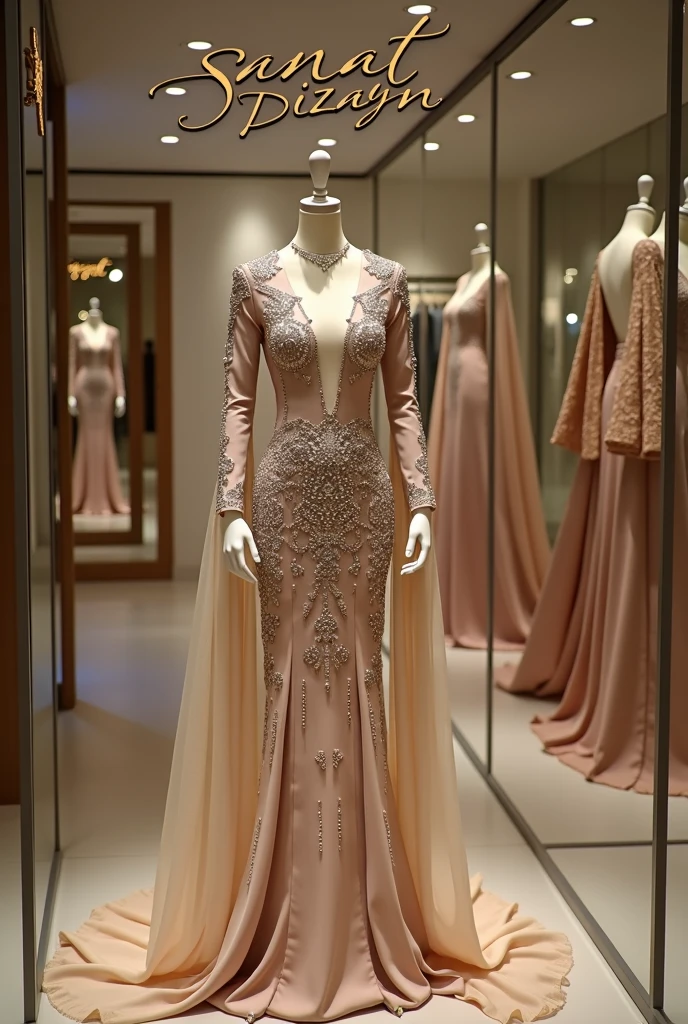 Beautiful beige evening dress studded with rhinestones and beads displayed in Sanat Dizayn clothing store, written on the wall the name of the stores Sanat Dizayn looking at the viewer, viewing the name,