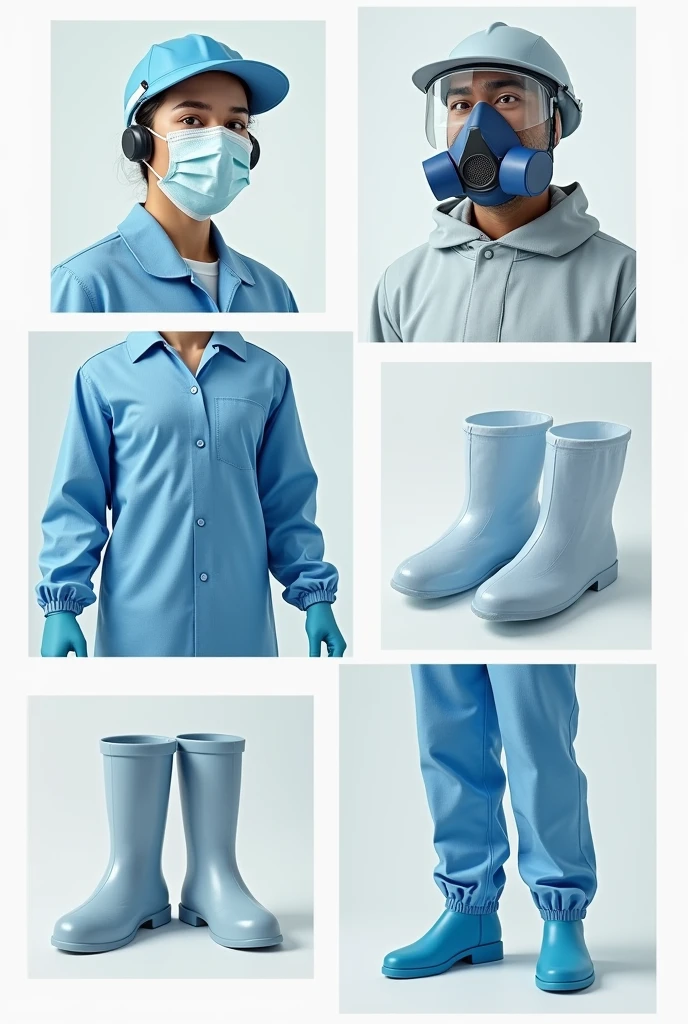Nitrile gloves, protective glasses, Mask or respirator, lab coat, Foot protection and proper ventilation create a collage-type image that is not a person, only the team