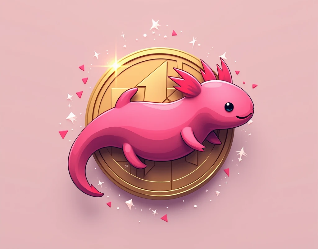 A minimalist logo design featuring a stylized pink axolotl as the symbol of Pejecoin, clean lines with a modern, tech-inspired aesthetic, the axolotl’s body forming a coin shape with subtle crypto-themed details, rendered in a bold and contrasting color scheme with shades of pink and gold