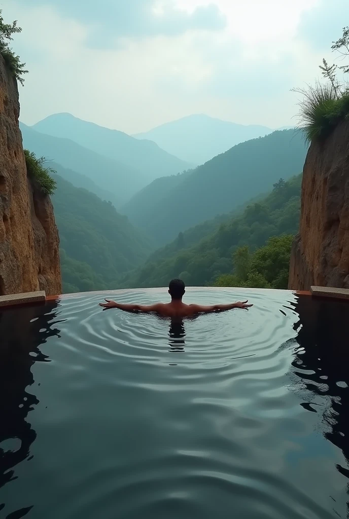 A man floats in a natural pool on a cliff, enjoying the serene view of the valley. The man is in the center of the picture, floating on his back in the water with his arms outstretched. He is looking up at the sky. The water is dark and still, reflecting the cloudy sky above. The cliffs on either side of the pool are brown and rocky. In the distance, there are green hills covered with trees and a hazy sky. The overall atmosphere is tranquil and peaceful, with a sense of awe and wonder at the natural beauty of the scene. The man appears to be enjoying the quiet solitude of the moment. The photo conveys a feeling of serenity and freedom, as the man is completely immersed in the natural beauty of his surroundings.