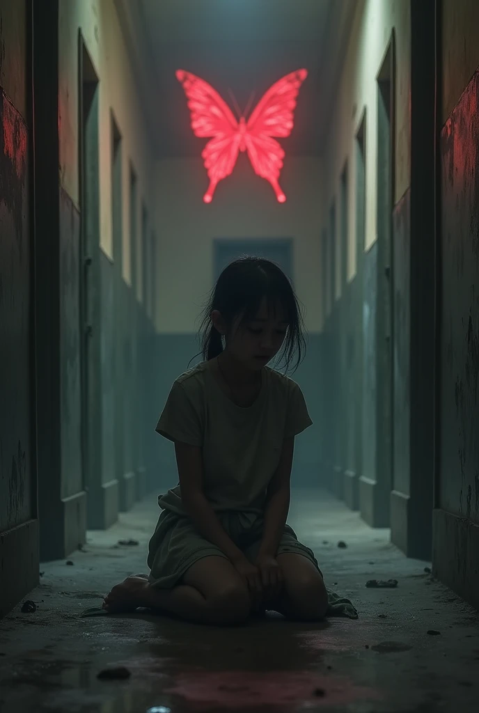 Abused girl kneeling in the dark hallway of an orphanage and a glowing fiery red butterfly in the distance
