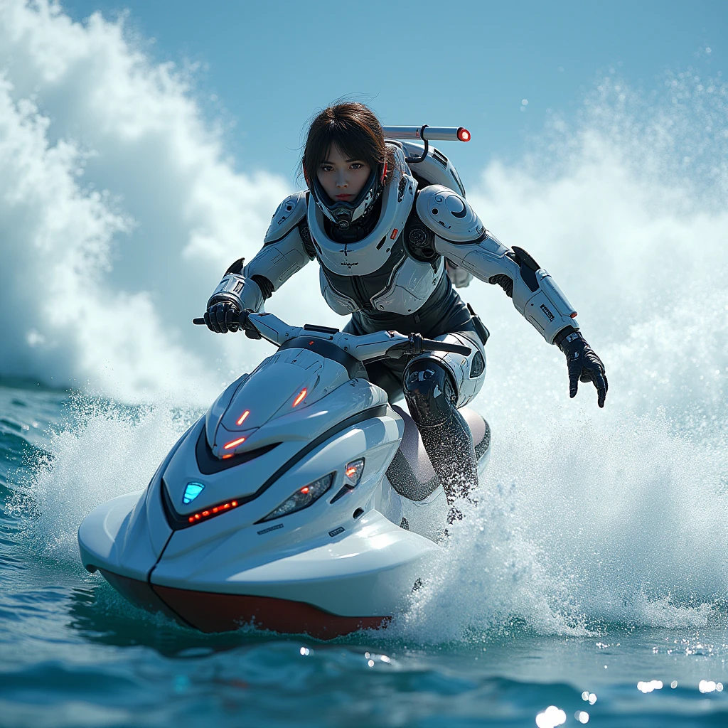 photo-realistic, ultra-realistic, very beautiful Japanese, famous Japanese idol, 20 years old, dramatic scene, masterpiece, beautiful eyes, (extremely intricated with extremely complex cyber punk mecha armored full-face scuba mask with air hose:1.5), (wearing cyber punk mecha-suits with neon marker:1.5), (she is acrobatic jet skiing on the sea:1.5), big jump over the huge waves, (fully equipped with scuba equipment:1.3), amazing view of huge waves, acrobatic pose, dynamic angle, spectacular, Nimble movements, Sharp turns, (very large breasts),