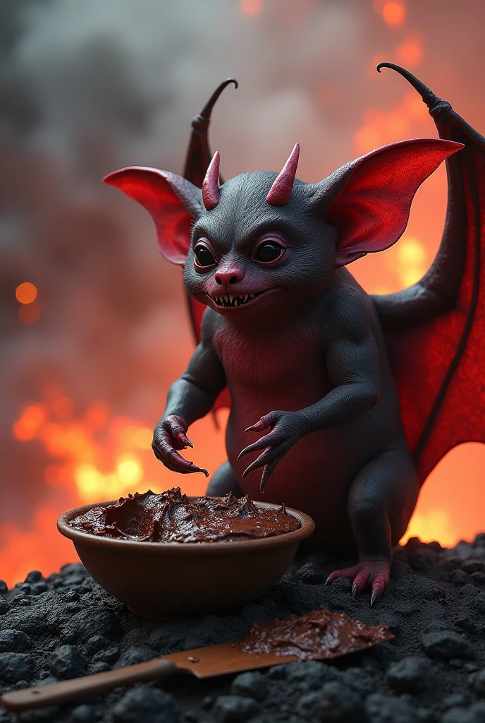 Red bat baking chocolate cake on a volcano