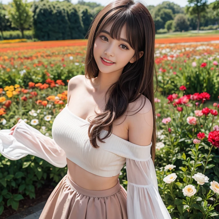 long skirt,in the flower field，Wear a dress，rotate，1 female, On the face, laughing out loud, light brown hair, blunt bangs, hair behind ears, Shoulder-length hair, long hair, Slender body type, 超face slimming型, face slimming, delicate lips, beautiful eyes, Thin blush, Eyes are light brown,View here, (actual:1.3), One person's perspective, 8k, Super detailed, high quality, best quality, High resolution, ，Large Breasts，wear a H cup, 2,Off-shoulder tops，puffy skirt