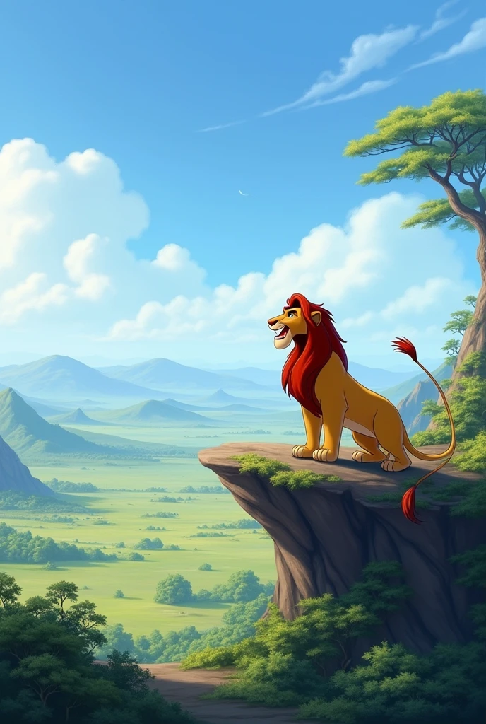 take a photo with a view from the movie the lion king, include a lion on a rock as if roaring, the photo is made sideways, make the lion softer and not look fierce, make the photo brighter, make the photo show more of the scenery