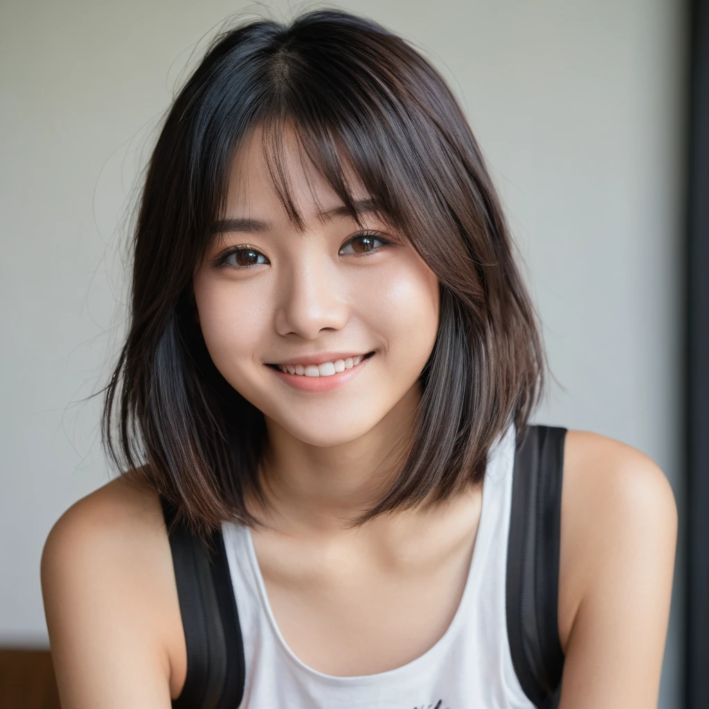 Yui, photo of female, age 15 year, black shoulder length hair with brown highlights; (dslr, ultra quality, film grain, Fujifilm XT3, crystal clear, 8K UHD, highly detailed glossy eyes, high detailed skin, skin pores); tight plain color tanktop, full side body, lazy smile
