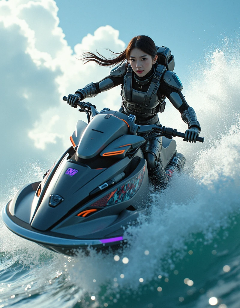photo-realistic, ultra-realistic, very beautiful Japanese, famous Japanese idol, 20 years old, dramatic scene, masterpiece, beautiful eyes, (extremely intricated with extremely complex cyber punk mecha armored full-face scuba mask with air hose:1.5), (wearing cyber punk mecha-suits with neon marker:1.5), (she is acrobatic jet skiing on the sea:1.5), big jump over the huge waves, (fully equipped with scuba equipment:1.3), amazing view of huge waves, acrobatic pose, dynamic angle, spectacular, Nimble movements, Sharp turns, (very large breasts),