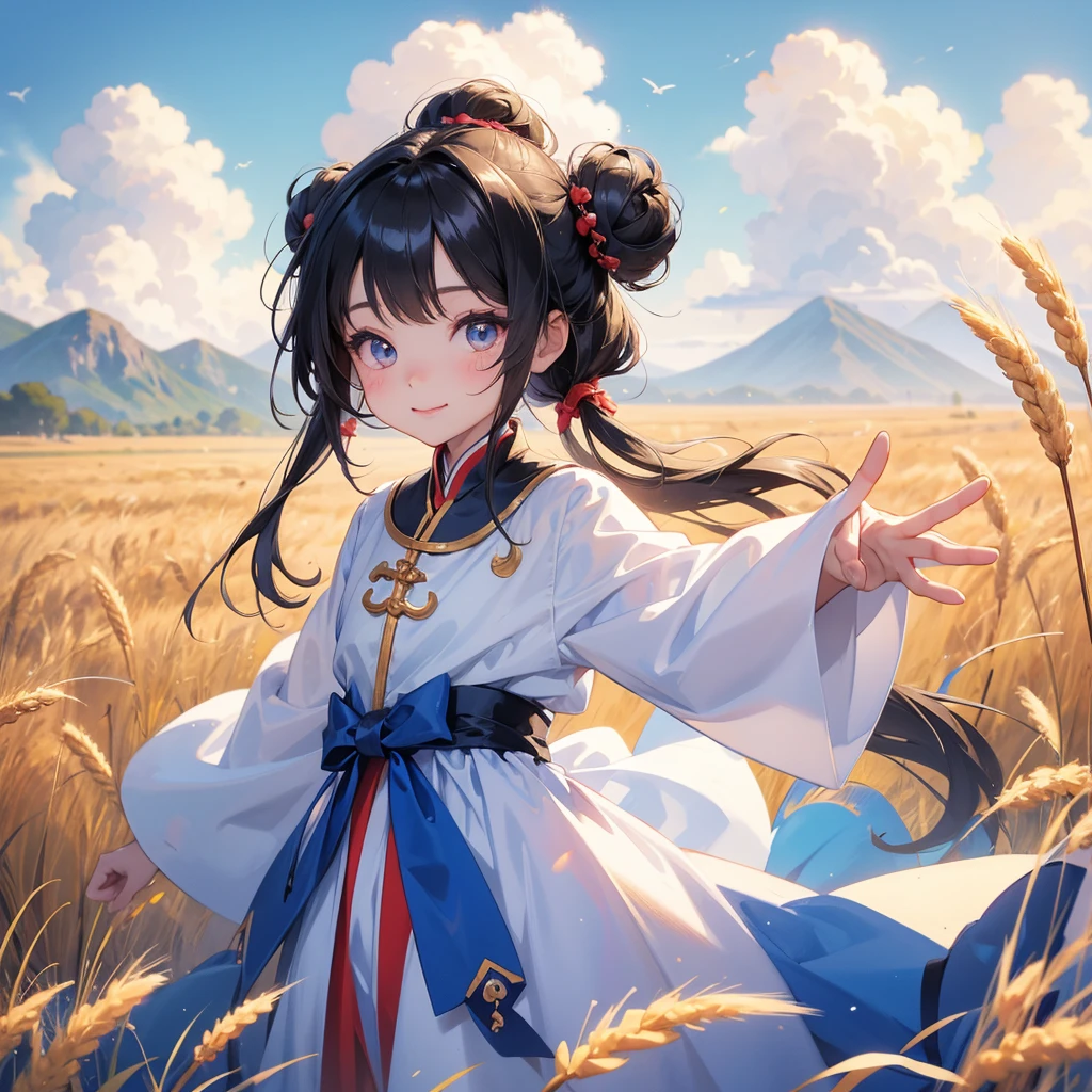A chibi child girl had a small face and Wearing white little Taoist priest's outfit. A pair of big round eyes shone with curiosity about him. This child was so cute, Standing in the middle of a wheat field, behind which are mountains, there are low clouds floating in the blue sky.
her hair is black with two buns on her hair.small chibi, chibi baby, smiling ,Chibi.