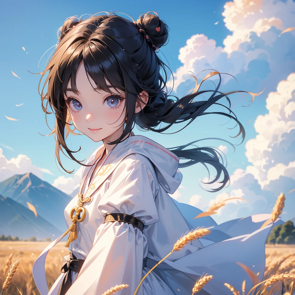 A chibi child girl had a small face and Wearing white little Taoist priest's outfit. A pair of big round eyes shone with curiosity about him. This child was so cute, Standing in the middle of a wheat field, behind which are mountains, there are low clouds floating in the blue sky.

her hair is black with two buns on her hair.small chibi, chibi baby, smiling ,Chibi.

