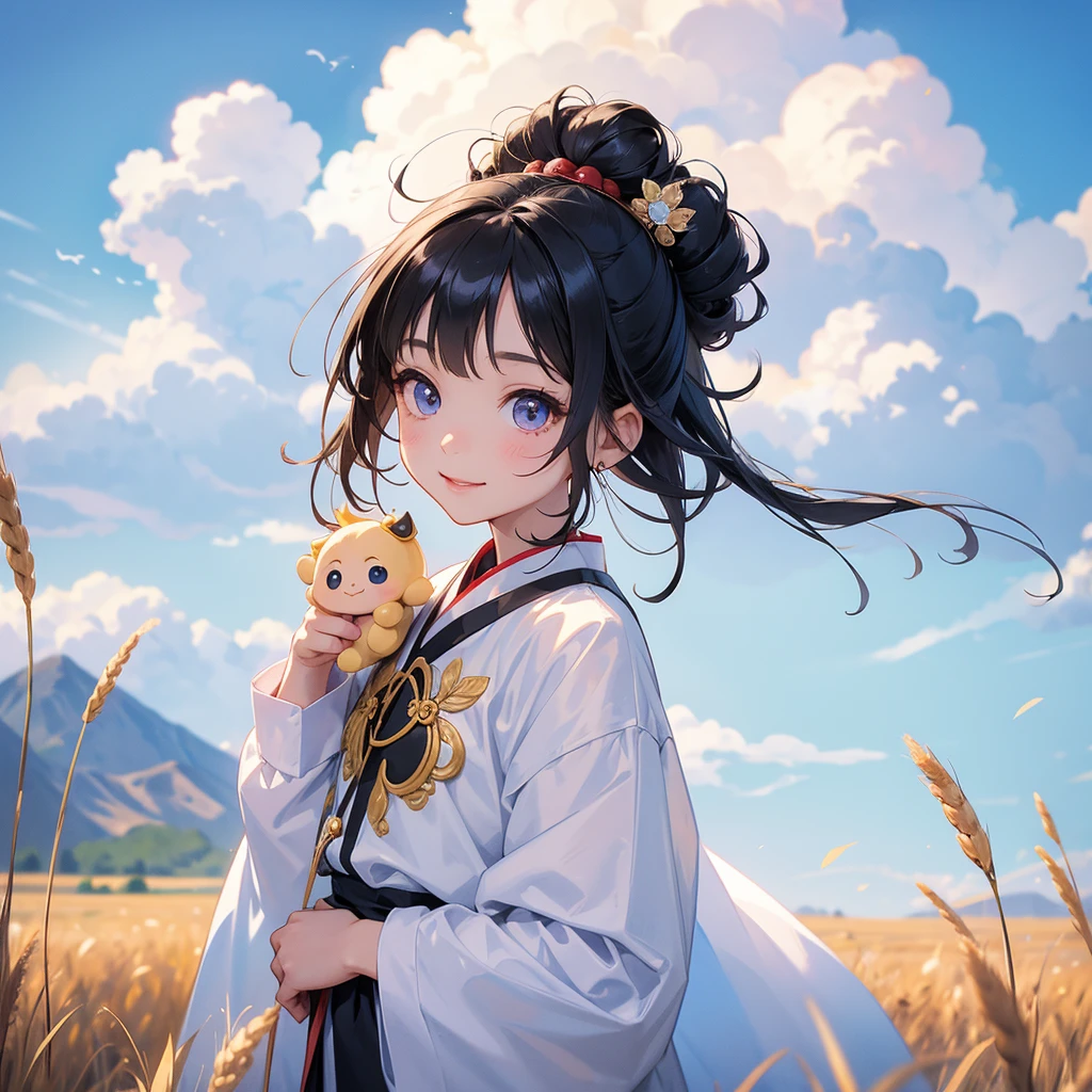 A chibi child girl had a small face and Wearing white little Taoist priest's outfit. A pair of big round eyes shone with curiosity about him. This child was so cute, Standing in the middle of a wheat field, behind which are mountains, there are low clouds floating in the blue sky.

her hair is black with two buns on her hair.small chibi, chibi baby, smiling ,Chibi.

