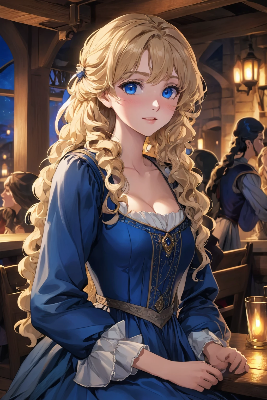 masterpiece, safe, best quality, expressive eyes, perfect face a young anime woman in renaissance, historical, fantasy wearing simple blue dress long curly blonde hair down her waist no bangs saphire eyes. she is sitting in a night time tavern, excited to enjoy