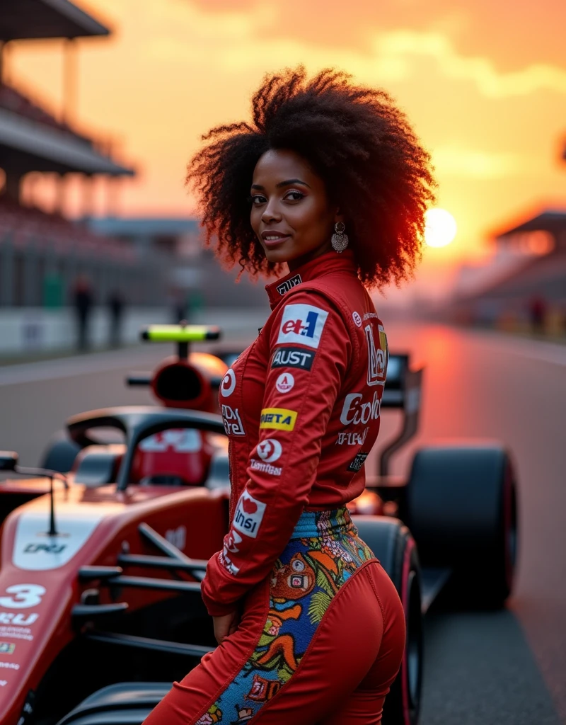 A beautiful sexy grid-girl of Black descent with curly hair, wearing a colorful racing jumpsuit, striking a playful pose next to a McLaren MCL36 racing car. The background features a lively racetrack at sunset, with the sky painted in hues of orange and purple. The scene is captured with depth of field, focusing on her and the car, while the background fades into a dreamlike blur.