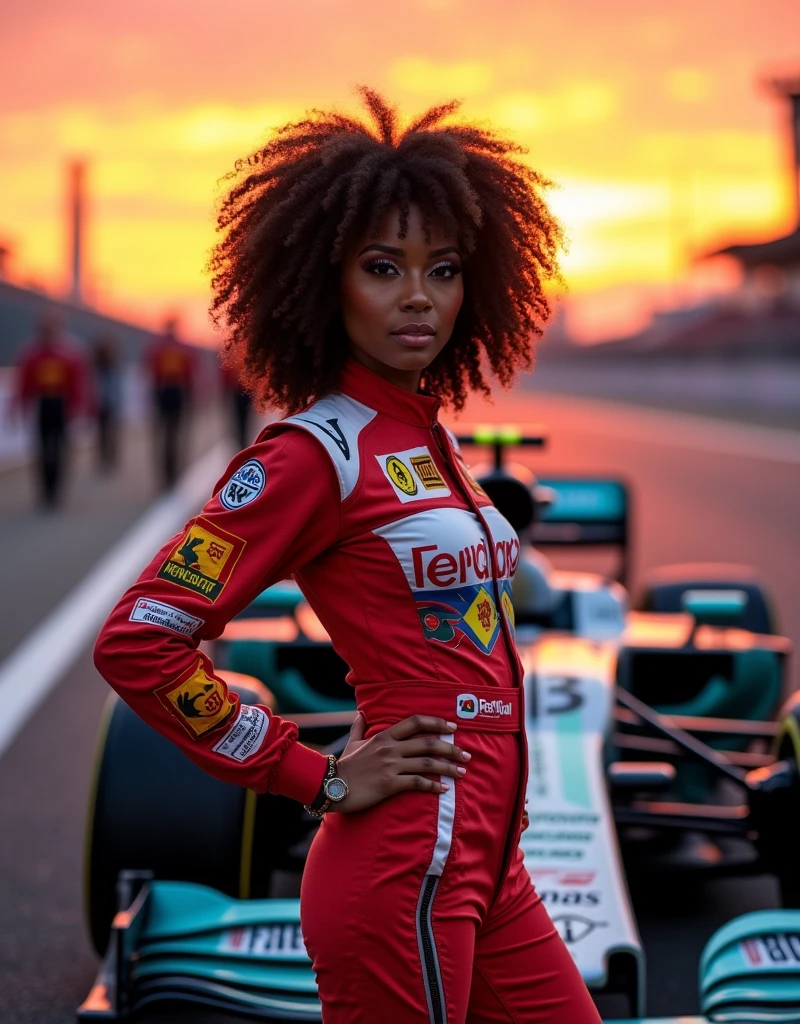 A beautiful sexy grid-girl of Black descent with curly hair, wearing a colorful racing jumpsuit, striking a playful pose next to a McLaren MCL36 racing car. The background features a lively racetrack at sunset, with the sky painted in hues of orange and purple. The scene is captured with depth of field, focusing on her and the car, while the background fades into a dreamlike blur.