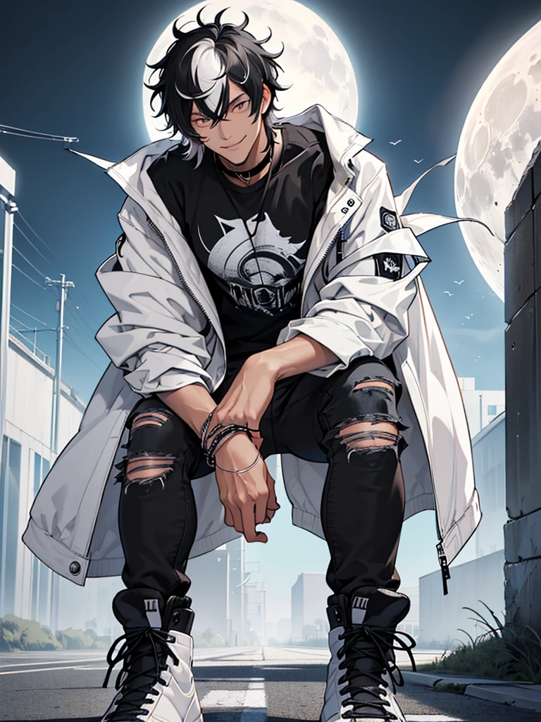 (A single tall man, with slightly messy hair black but on his fringe there is a white streak. His white eyes, a beautiful smile. He wears a black t-shirt with a moon print, and a gray jacket, his pants are black and ripped jeans. Now his shoes are like black sneakers mixed with boots)