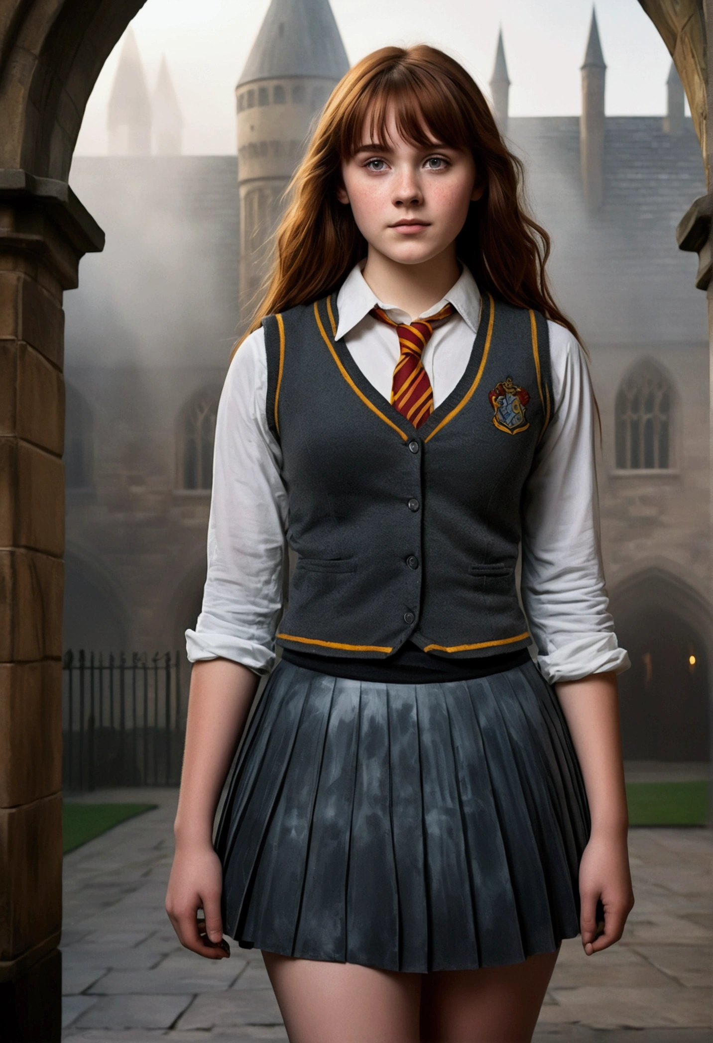 An illustrated movie poster, hand-drawn, full color, a teenage Hogwarts student, 18-years-old, female, wearing a charcoal vest and a pleated skirt, athletic hourglass figure, busty bosoms, full wide hips, massive round butt, long shapely legs, ridiculously thick powerful thighs, vibrant eyes, deep dark auburn hair, thick shaggy bangs, flushed sun-kissed complexion, freckles, standing in a foggy Hogwarts courtyard, surrounded by mist, graphite shading, stencil marks, airbrushed acrylic paint, masterpiece, close-up shot, in the style of the Deathly Hallows