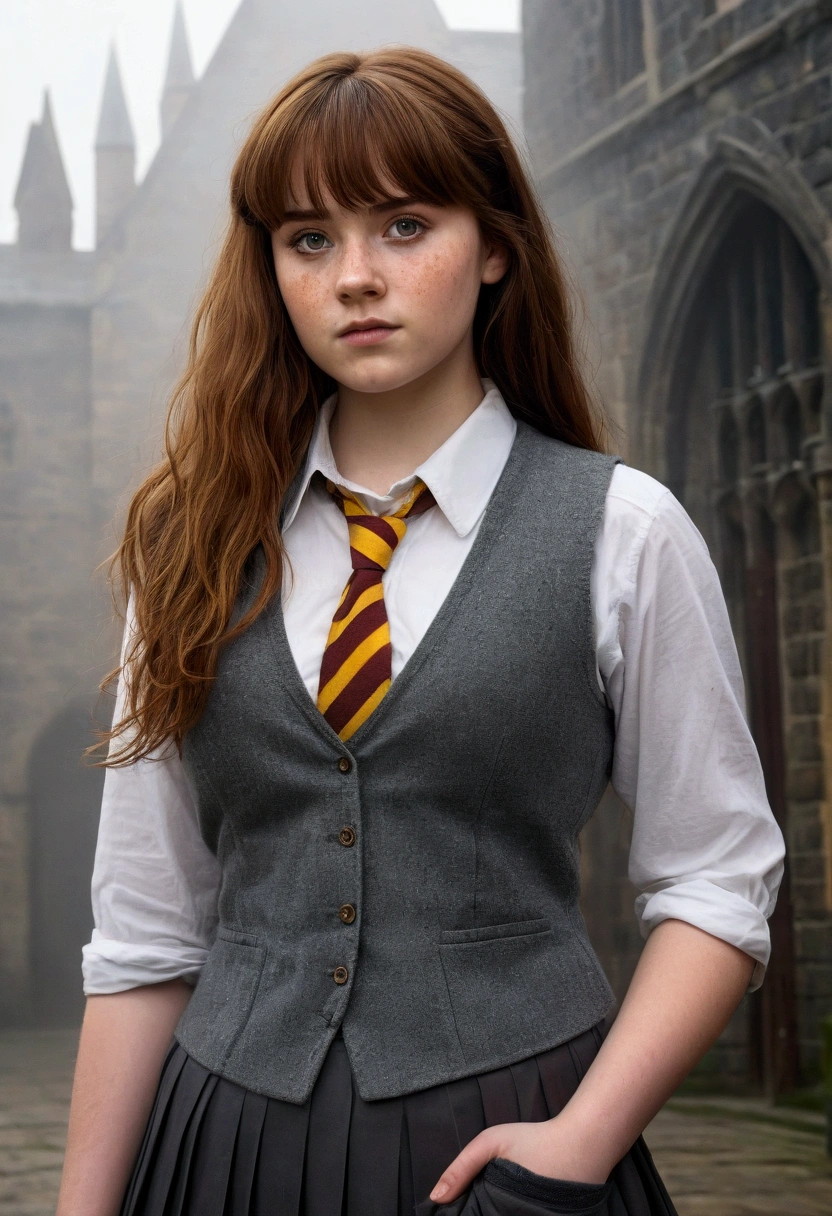 An illustrated movie poster, hand-drawn, full color, a teenage Hogwarts student, 18-years-old, female, wearing a charcoal vest and a pleated skirt, athletic hourglass figure, busty bosoms, full wide hips, massive round butt, long shapely legs, ridiculously thick powerful thighs, vibrant eyes, deep dark auburn hair, thick shaggy bangs, flushed sun-kissed complexion, freckles, standing in a foggy Hogwarts courtyard, surrounded by mist, graphite shading, stencil marks, airbrushed acrylic paint, masterpiece, close-up shot, in the style of the Deathly Hallows